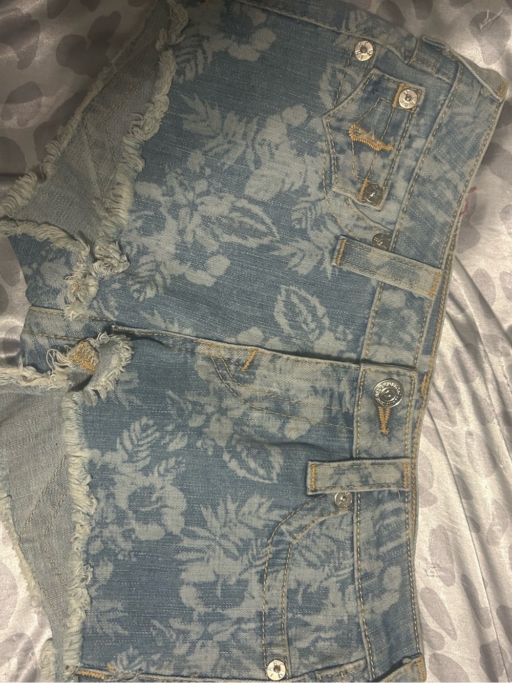 True Religion Blue Floral Bleached Denim Shorts